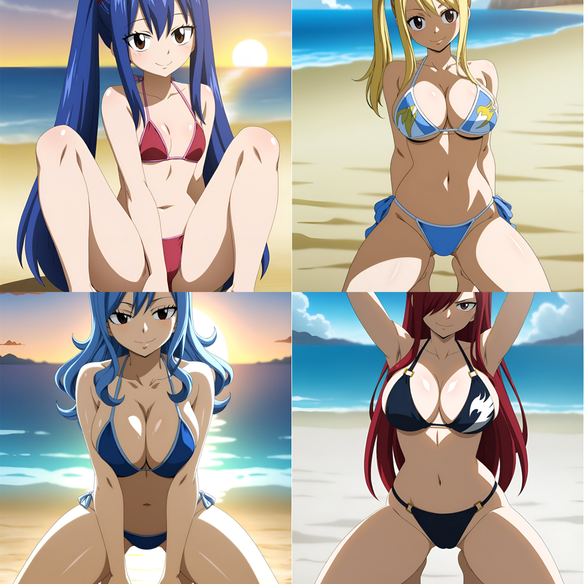 4girls, ai generated, bikini, black bikini, blonde hair, blonde-haired female, blue bikini, blue hair, blue-haired female, clothed, clothed female, duderu vanilla, erza scarlet, fairy tail, female, female only, halter bikini, halterneck, juvia lockser, kneeling, lucy heartfilia, multiple girls, red bikini, red hair, red-haired female, swimsuit, wendy marvell