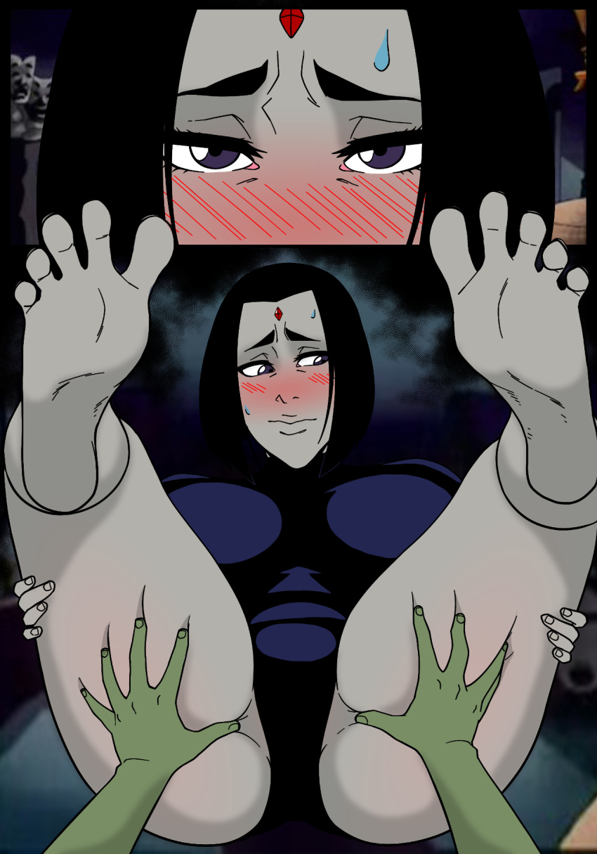 barefoot, beast boy, blush, dc, dc comics, feet, female, hetero, khexxi, leotard, male, pussy, rachel roth, raven (dc), soles, spread pussy under clothes, spread toes, spreading ass, sweatdrop, teen titans, toes, unseen male face