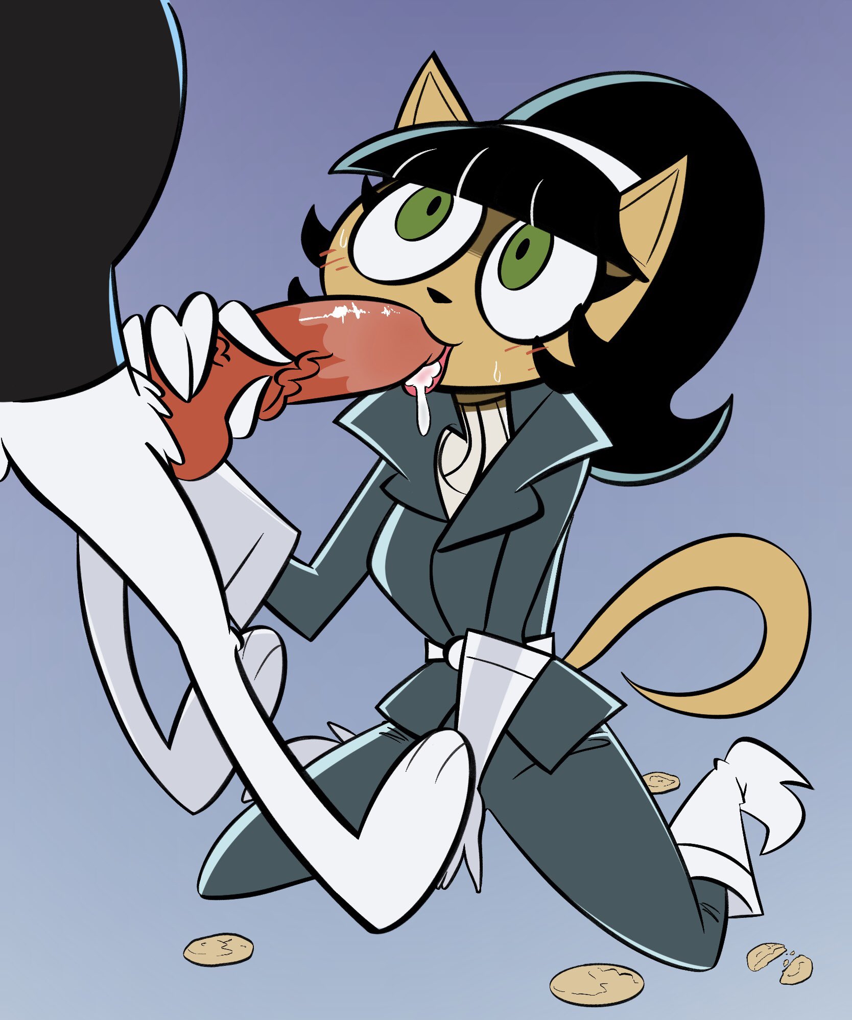 :3, 1boy, 1girls, animal ears, animal genitalia, animal humanoid, animal penis, anthro, black hair, cum, cum in mouth, cute, dudley puppy, fellatio, female, fur, furry, green eyes, joshin, kitty katswell, male, nickelodeon, oral, penis, t.u.f.f. puppy, tail, tongue, tongue out, white fur