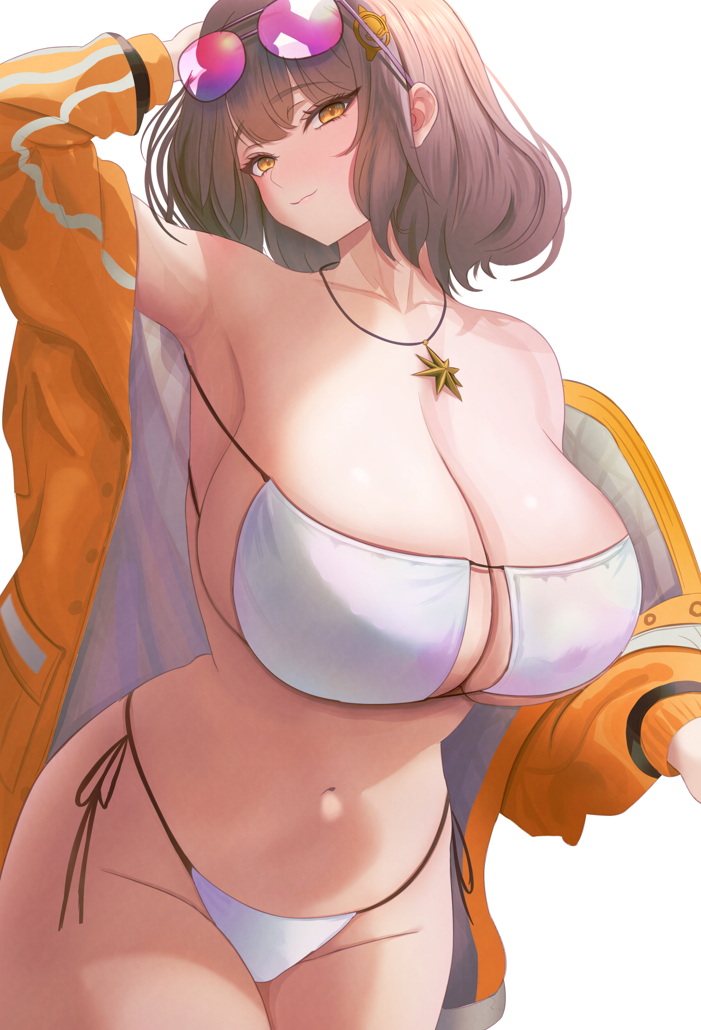 absurdres, anis (nikke), anis (sparkling summer) (nikke), bikini, blush, breasts, brown hair, cleavage, collarbone, eyepatch bikini, eyewear on head, female, goddess of victory: nikke, groin, highres, huge breasts, jacket, jacket partially removed, jewelry, light smile, looking at viewer, navel, ni tamago sando, official alternate costume, orange jacket, pendant, revision, side-tie bikini bottom, star (symbol), stomach, string bikini, swimsuit, tinted eyewear, white background, white bikini, wholesome