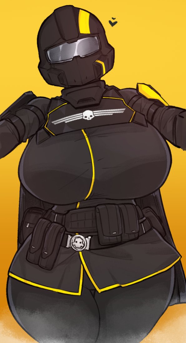 1girls, breasts, cape, curvy, female, female only, heart, heart symbol, helldiver (helldivers), helldivers, helldivers 2, helmet, helmet only, helmet with visor, huge breasts, large breasts, masked, probablyavv, solo, solo female, thick thighs, wide hips