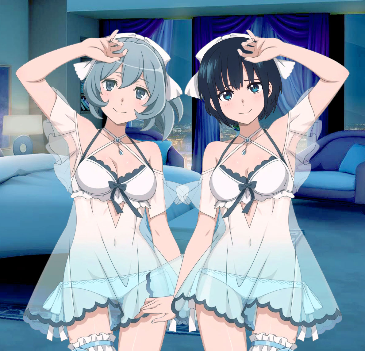 2girls blue_hair botan_nagatsuki clothed clothed_female female/female female_only female_with_female garter_belt gray_hair hand_on_head lingerie looking_at_viewer mononogatari seductive short_hair smile smiling smiling_at_viewer