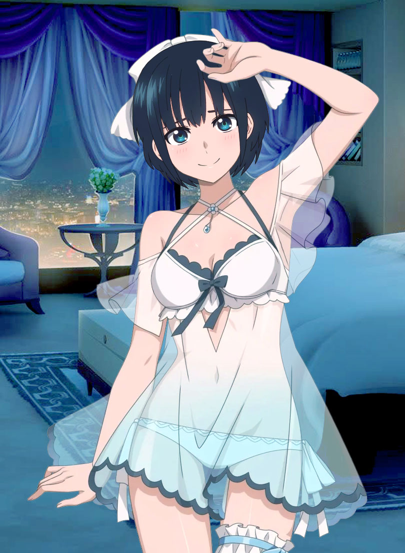 blue_eyes blue_hair botan_nagatsuki cleavage garter_belt lingerie looking_at_viewer nightdress see-through see-through_clothing short_hair white_panties wholesome