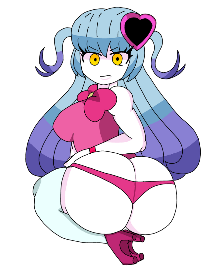 annoyed big_ass big_butt blue_hair breasts bubble_butt female female_focus female_only its_archville lobotomy_corporation looking_at_viewer magical_girl partially_clothed project_moon queen_of_hatred solo white_background white_body yellow_eyes