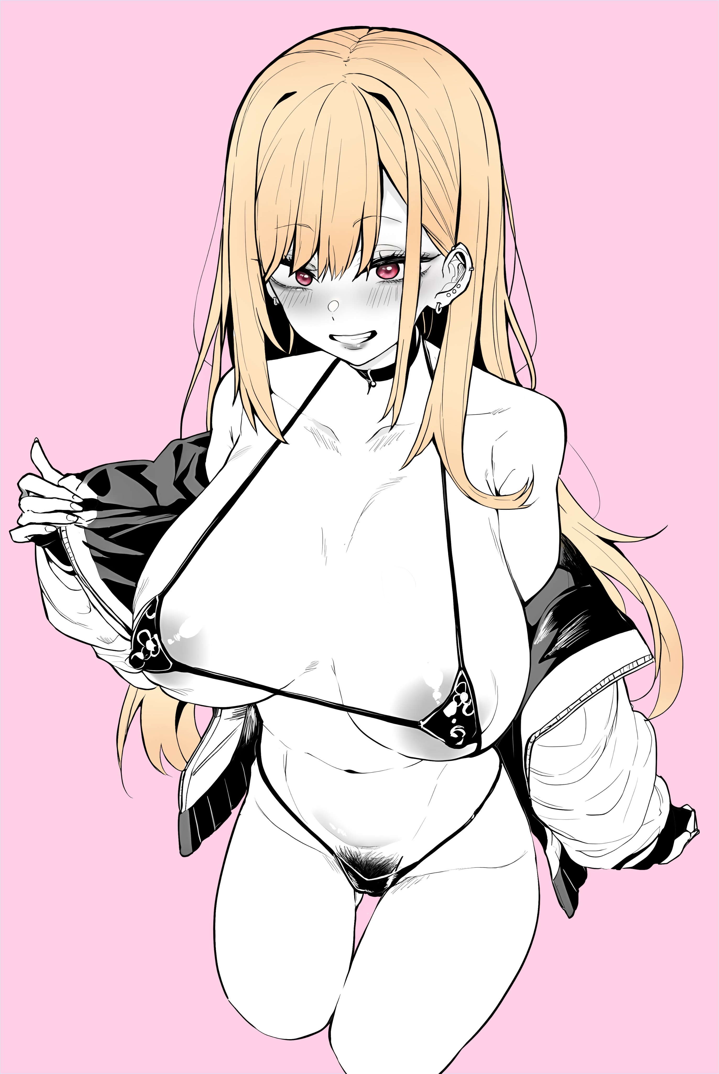 1girls, areolae, areolae slip, bikini, blonde female, blonde hair, breasts, choker, cowboy shot, earrings, exposed breasts, female, female only, huge breasts, jacket off shoulders, kitagawa marin, light skin, light-skinned female, micro bikini, ming 0o0, nipple bulge, open clothes, open jacket, pink eyes, pubic hair, solo female, sono bisque doll wa koi wo suru, thong