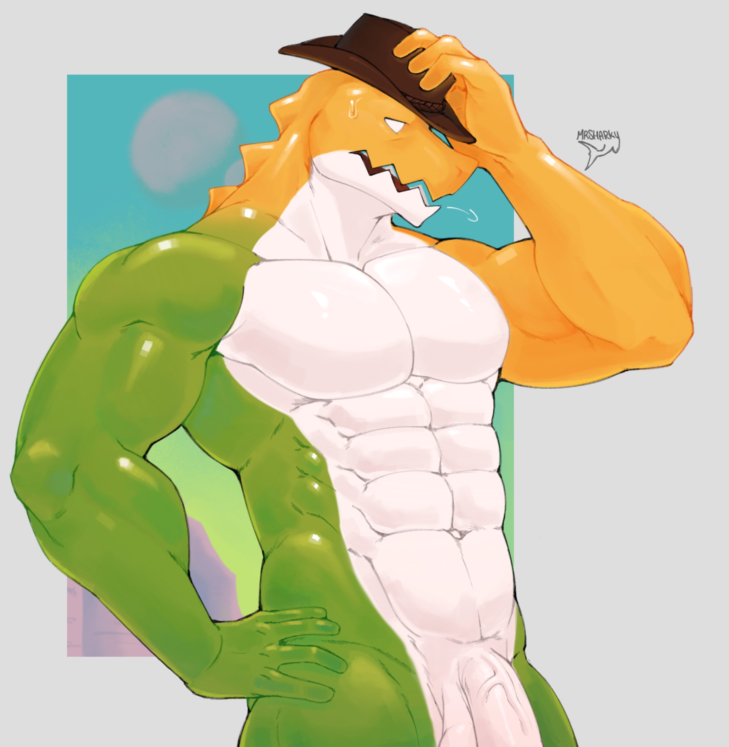 1boy, abs, anthro, balls, barely visible genitalia, belly button, cowboy hat, glitch productions, gummigoo (the amazing digital circus), hand on head, hand on hip, male, male only, muscular, muscular male, pecs, penis, reptile, scalie, sharp teeth, shiny skin, solo, solo male, standing, sweat, the amazing digital circus, veiny penis