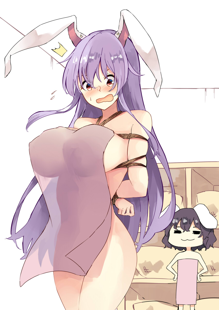 2girls :3 animal_ears bondage bound breast_envy breasts deetamu highres inaba_tewi large_breasts long_hair multiple_girls purple_hair rabbit_ears red_eyes reisen_udongein_inaba tewi_inaba touhou