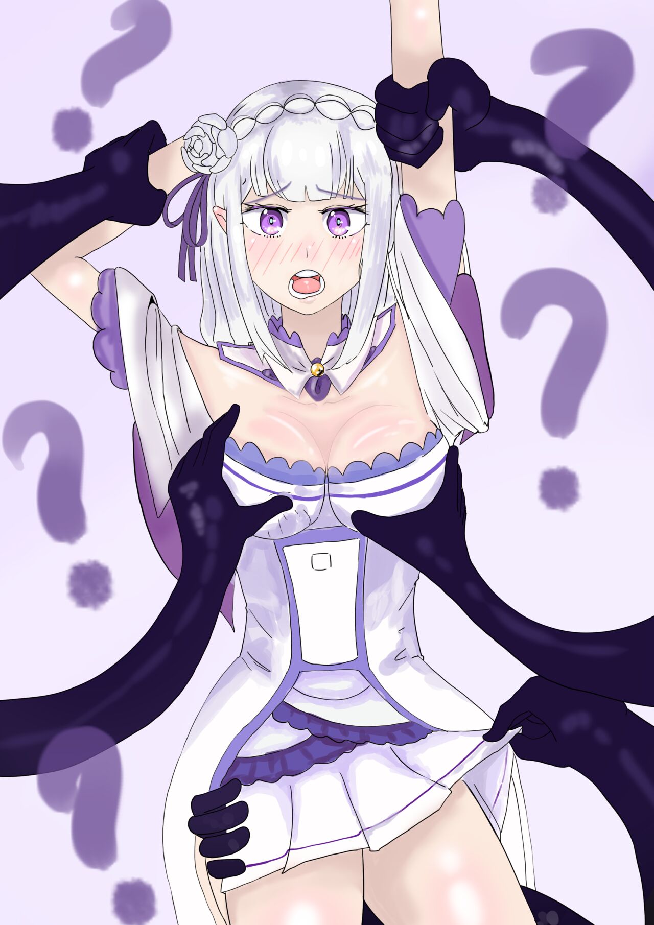 1boy 1girls ? arms_up blush breast_grab breasts_grab captured captured_heroine cleavage disembodied_hands double_breast_grab elf elf_ears elf_female elf_girl emilia_(re:zero) female grabbing_breasts groping groping_breasts half-elf half_elf hips_grab holding_arm holding_arms imminent_rape lifting_skirt multi_arm multi_limb petelgeuse_romaneeconti purple_background purple_eyes re:zero_kara_hajimeru_isekai_seikatsu silver_hair standing villain_on_hero