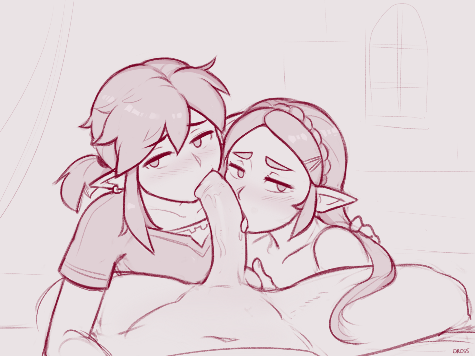 1girls, 2boys, balls, bisexual, bisexual fellatio, bisexual male, blonde hair, blush, both sexes in same situation, breath of the wild, collaborative fellatio, couple fellatio, dross, earrings, elf, erection, fellatio, female, female supporting yaoi, femboy, humanoid, hylian, jewelry, link, link (breath of the wild), looking at viewer, male, monochrome, nintendo, oral, oral sex, pale skin, penis, pointy ears, princess zelda, testicles, the legend of zelda, trap, yaoi, zelda (breath of the wild)
