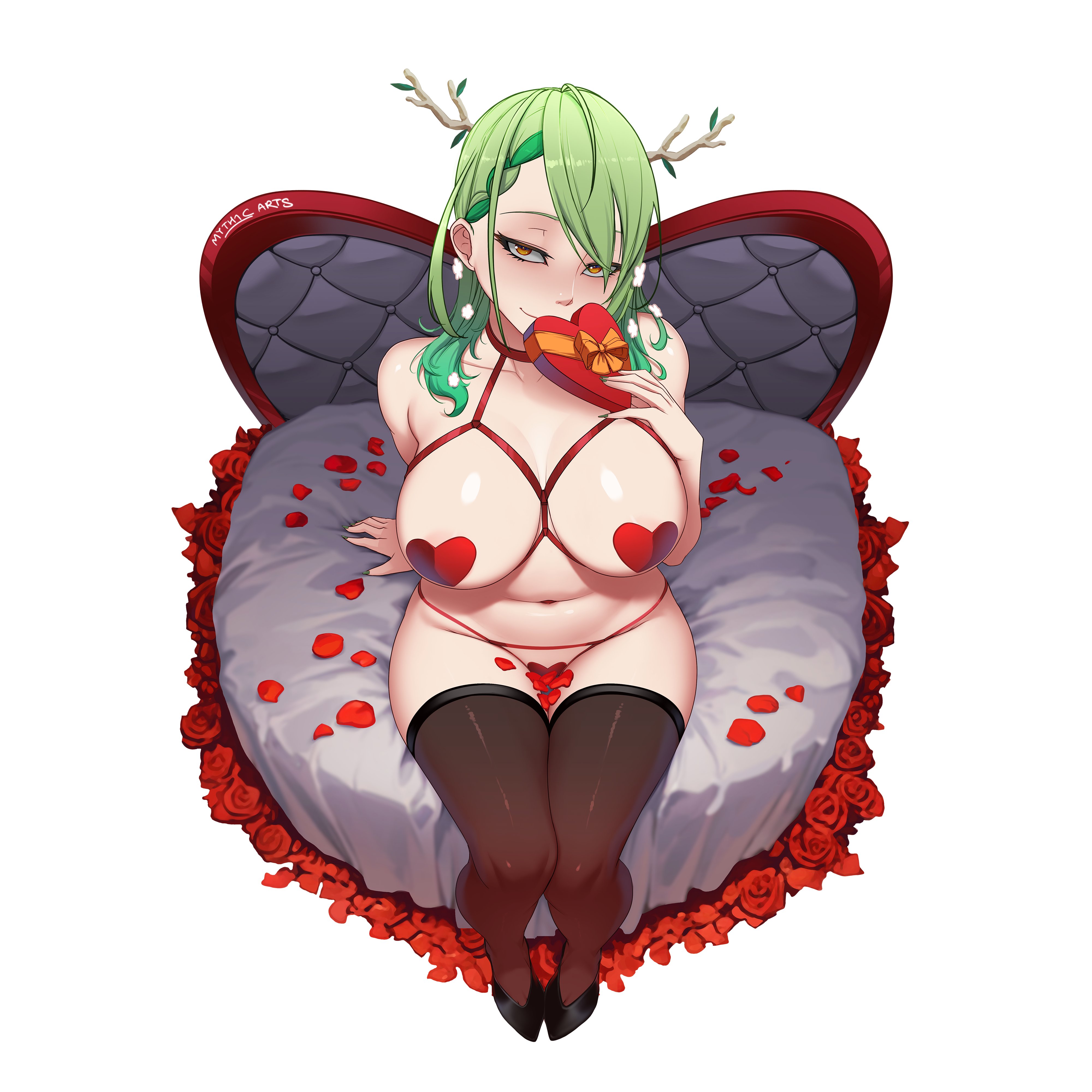 1girls, big breasts, branch horns, breasts, ceres fauna, closed mouth, female, female only, green hair, heart pasties, holding object, hololive, hololive english, hololive english -council-, hololive english -promise-, light skin, light-skinned female, myth1c, myth1carts, pasties, rose (flower), rose petals, sitting, solo, thighhighs, virtual youtuber, white background, yellow eyes