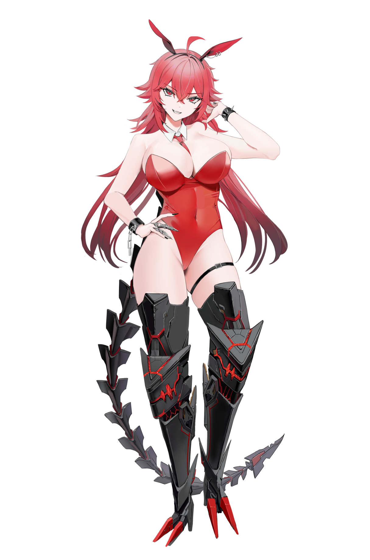 1girls, ahoge, breasts, bunny ears, bunnysuit, cleavage, female, female only, goddess of victory: nikke, grin, large breasts, long hair, nihilister (nikke), red eyes, red hair, thighs, white background