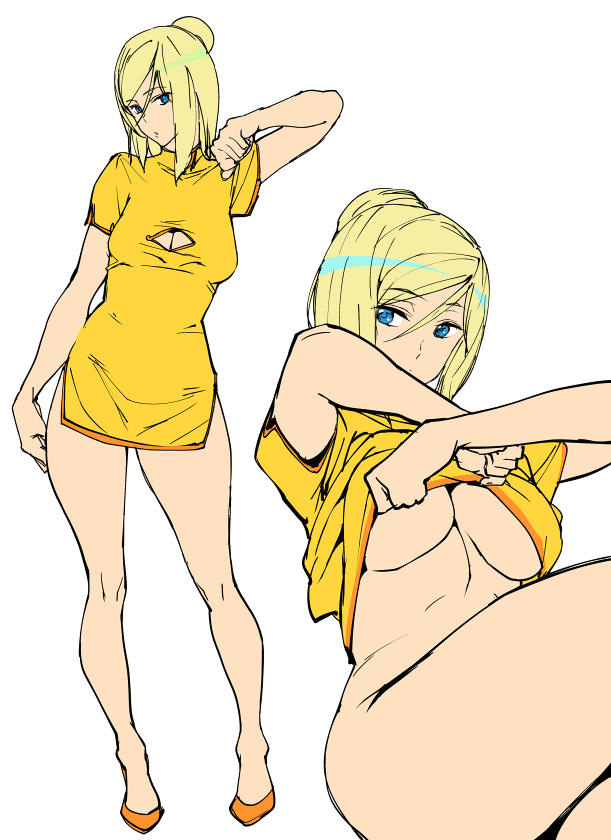 1girls, artist request, blonde hair, blue eyes, breasts, chinese dress, exhibitionism, female, female only, guilty gear, half naked, human, millia rage, solo, yellow dress