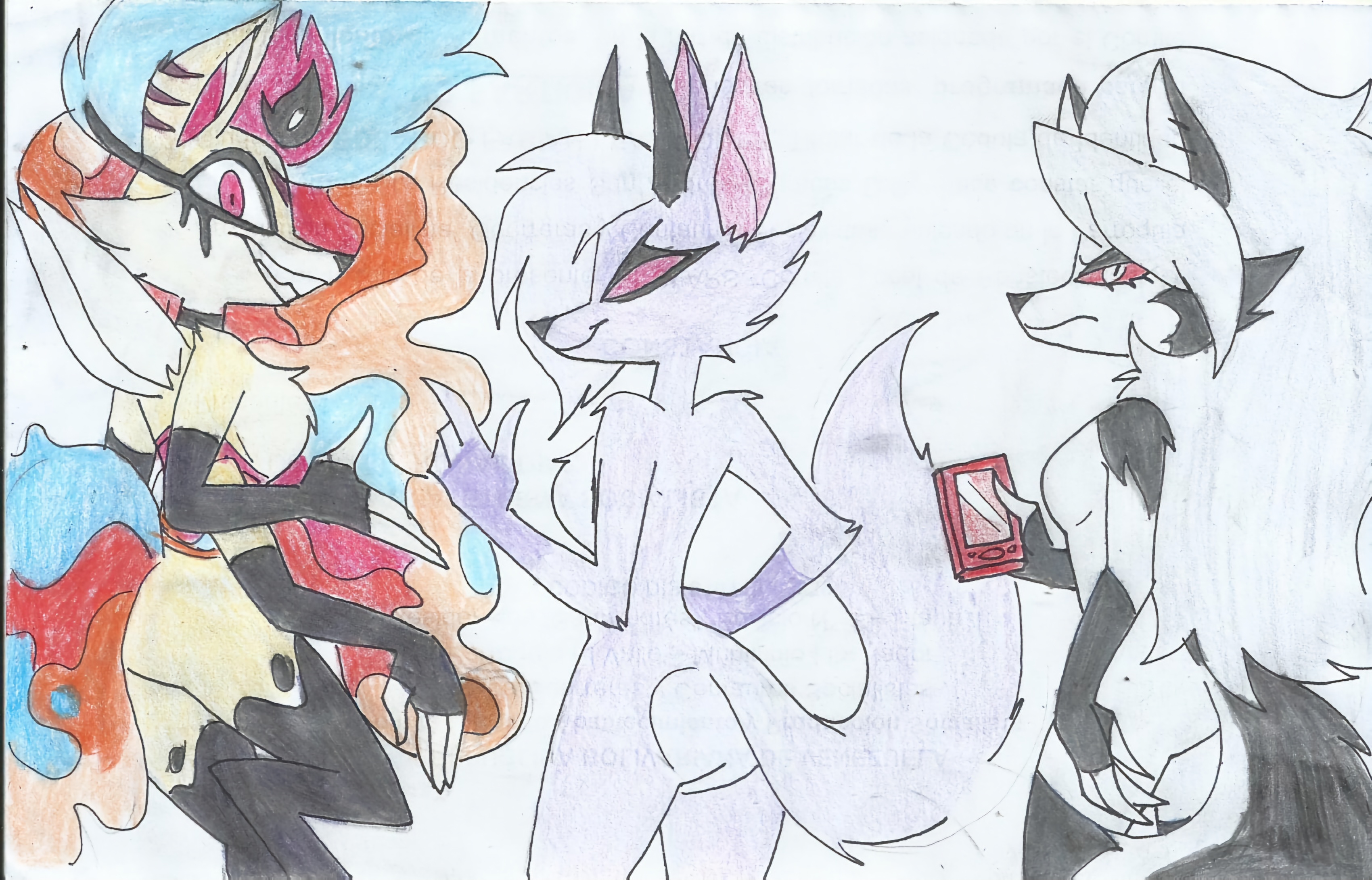 3girls, anthro, ass, background character, breasts, canine, canis, cellphone, crossover, demon, demon girl, demon horns, ear piercing, ears, emotionless, featureless breasts, featureless crotch, female, female fox, female only, fox, fox girl, furry, goth, goth girl, grey body, grey fur, grey hair, hazbin hotel, hellhound, helluva boss, horn, horns, long hair, looking at viewer, looking back, loona (helluva boss), multicolored body, multicolored fur, multiple females, multiple girls, naked, naked female, nude, nude female, phone, purple hound lady (hazbin hotel), queen bee-lzebub (helluva boss), rogelis, smile, tail, two-tone body, two-tone fur, two-tone tail, vivienne medrano, vivziepop, vixen, white body, white fur, wolf, wolf girl