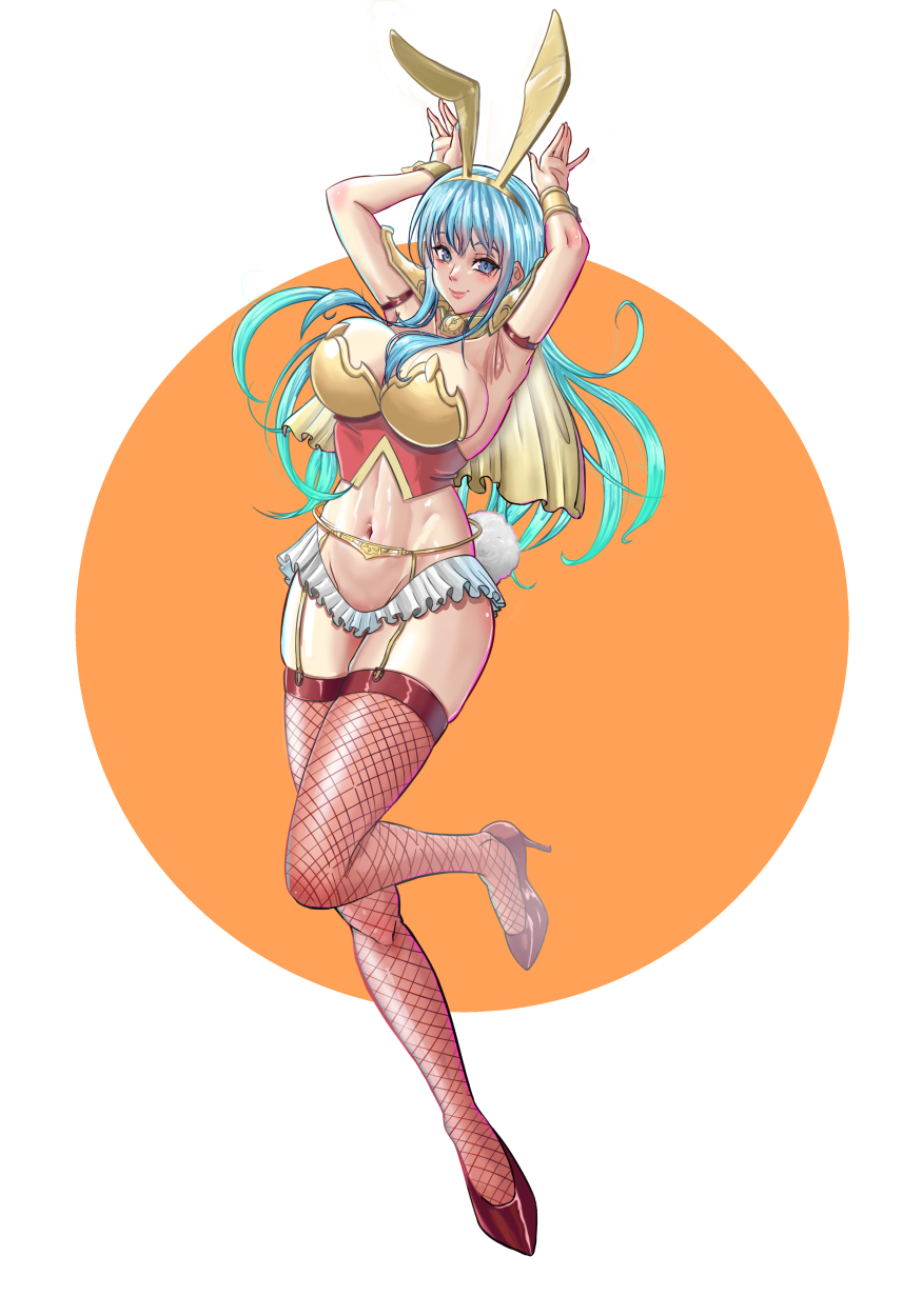 1girls alboeire alternate_costume armpits arms_up bare_thighs blue_eyes blue_hair breasts bunny_ears bunny_girl bunnysuit cleavage eirika_(fire_emblem) female female_only fire_emblem fire_emblem:_the_sacred_stones fishnet_legwear fishnets gesture high_resolution large_breasts long_hair looking_at_viewer nintendo orange_background pose sideboob simple_background smile solo thighhighs thighs very_long_hair