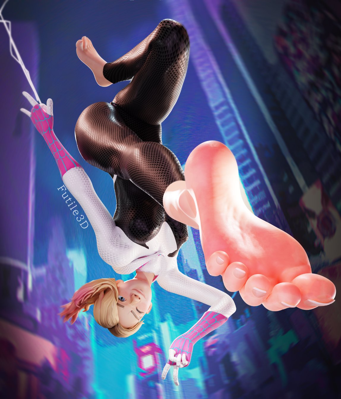 3d blonde_hair curled_toes erect_nipples eyebrow_piercing feet foot_focus futile3d gwen_stacy marvel peace_sign round_ass soles spider-gwen tight_clothing toes upside-down wasdek white_skin winking winking_at_viewer