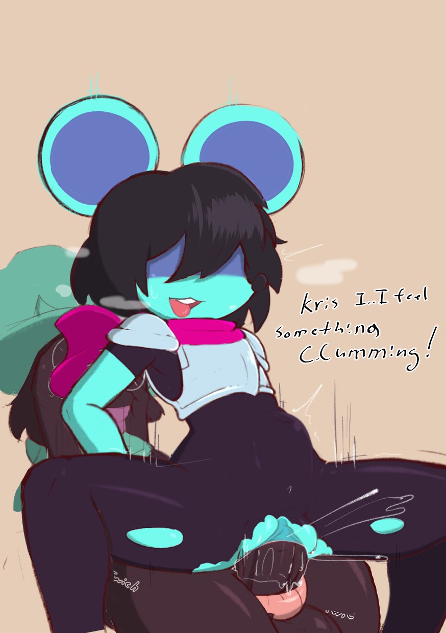 2024 2boys anthro big_penis black_fur black_hair blue_skin blush bodysuit caprine covering_face cuntboy defunctumbra deltarune dialogue embarrassed english_text female genderswap_(mtf) glasses hair_between_eyes intersex kris_(deltarune) kris_female_(deltarune) male mouse_ears mouse_girl mouse_tail nude nude_male penetration penis pleasure_face pussy ralsei reverse_cowgirl_position round_glasses rule_63 stomach_bulge tail tail_around_penis torn_bodysuit vaginal_penetration veiny_penis