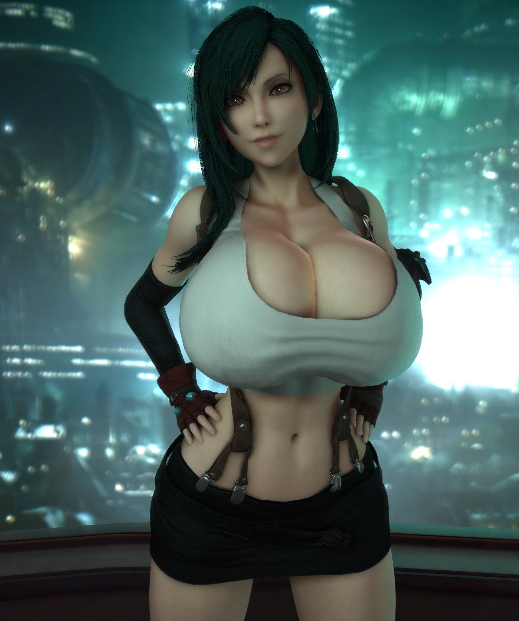 1girls, 3d, 3d (artwork), alternate breast size, asymmetrical hair, athletic, athletic female, big breasts, black hair, breasts, breasts bigger than head, bust, busty, chest, cleavage, curvaceous, curvy, curvy figure, dark hair, female, female focus, female only, final fantasy, final fantasy vii, final fantasy vii remake, fingerless gloves, fit, fit female, gigantic breasts, gloves, hand on hip, hands on hips, hips, hourglass figure, huge breasts, human, large breasts, legs, light skin, light-skinned female, lips, long hair, looking at viewer, mature, mature female, midriff, red eyes, short shorts, shorts, slim waist, small waist, solo, solo female, square enix, suspenders, thick, thick legs, thick thighs, thighs, thin waist, tifa lockhart, vaako, voluptuous, waist, wasp waist, wide hips