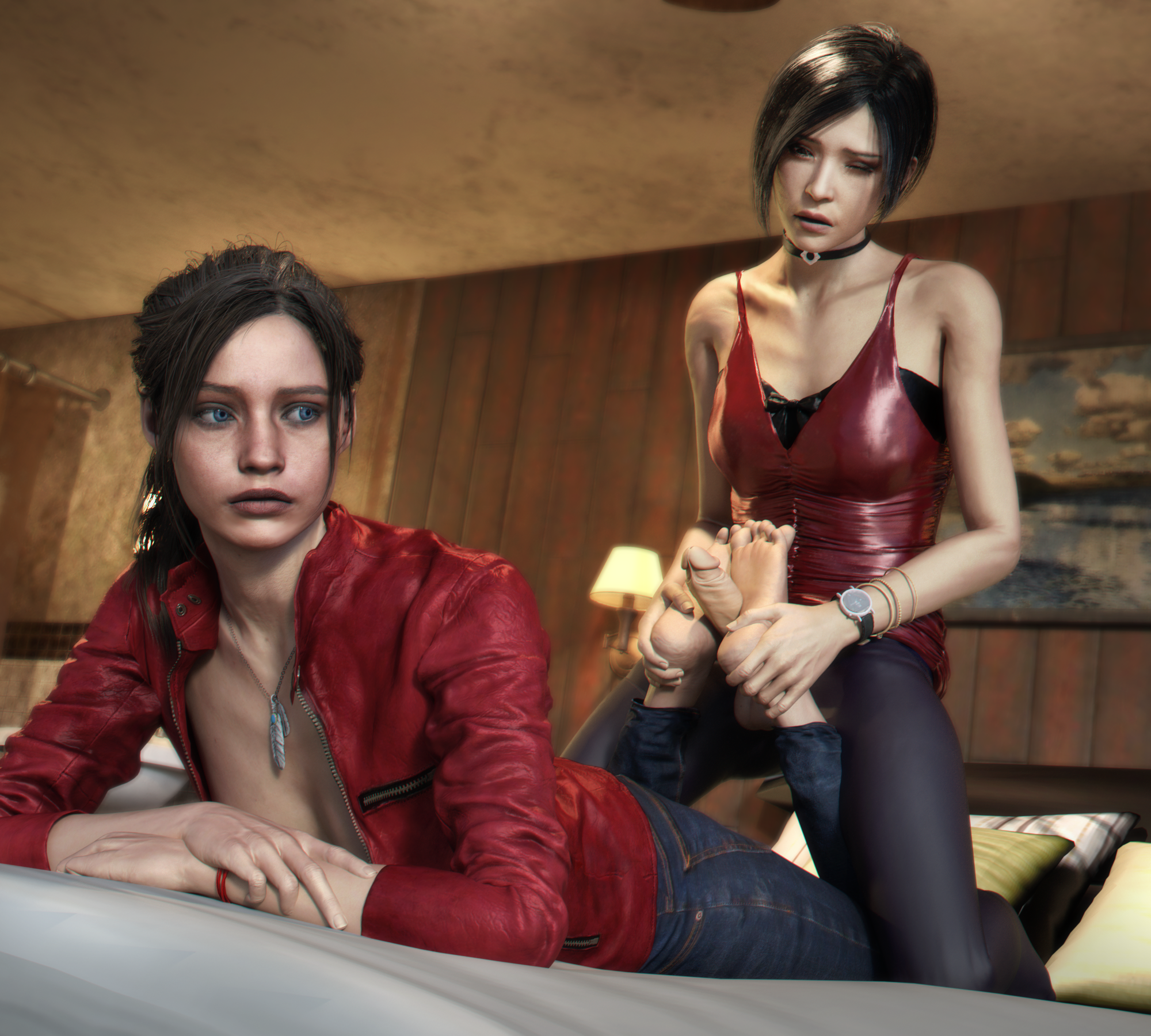 1futa, 1girls, 3d, ada wong, asian, balls, barefoot, breasts, claire redfield, crotchless, dawadd, erection, feet, female, foot fetish, footjob, futa on female, futa sans pussy, futanari, interracial, intersex, penis, penis out, resident evil, resident evil 2, small breasts, testicles, toes