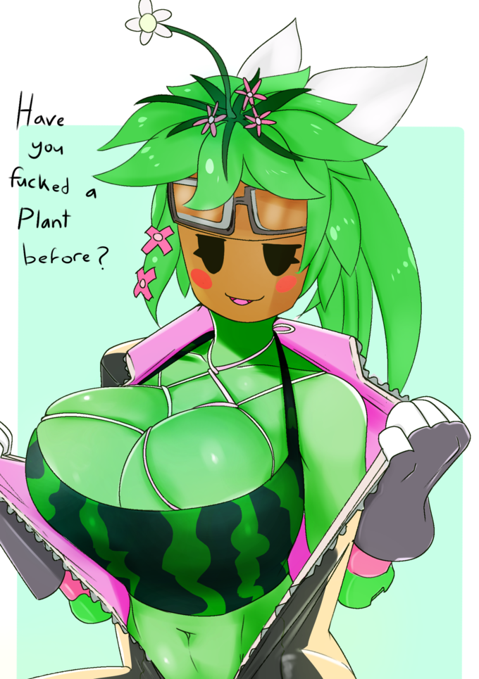 1girls bare_shoulders blaster_master blaster_master_zero blaster_master_zero_2 blush bodysuit breasts cleavage clothed color eyes_half_open female female_only flower green_hair green_skin huge_breasts kanna_(blaster_master) looking_at_viewer mob_face open_mouth plant_girl plantie smirk solo solo_female talking_to_viewer text undressing unzipped_bodysuit watermelon_bra watermelon_nets