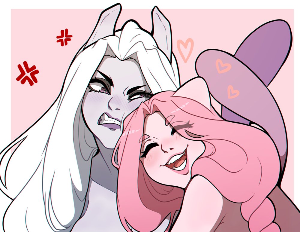 2girls, anger vein, angry, angry face, blush, cheek press, closed eyes, female, female only, generation 1 pokemon, grey skin, head on shoulder, heart, kinkymation, legendary pokemon, long hair, mew, mew (pokemon), mewtwo, nintendo, pink hair, pink lips, pink skin, pokemon, pokemon (species), pokemusu, pokephilia, purple eyes, purple lips, smiling, teeth clenched, white hair, wholesome