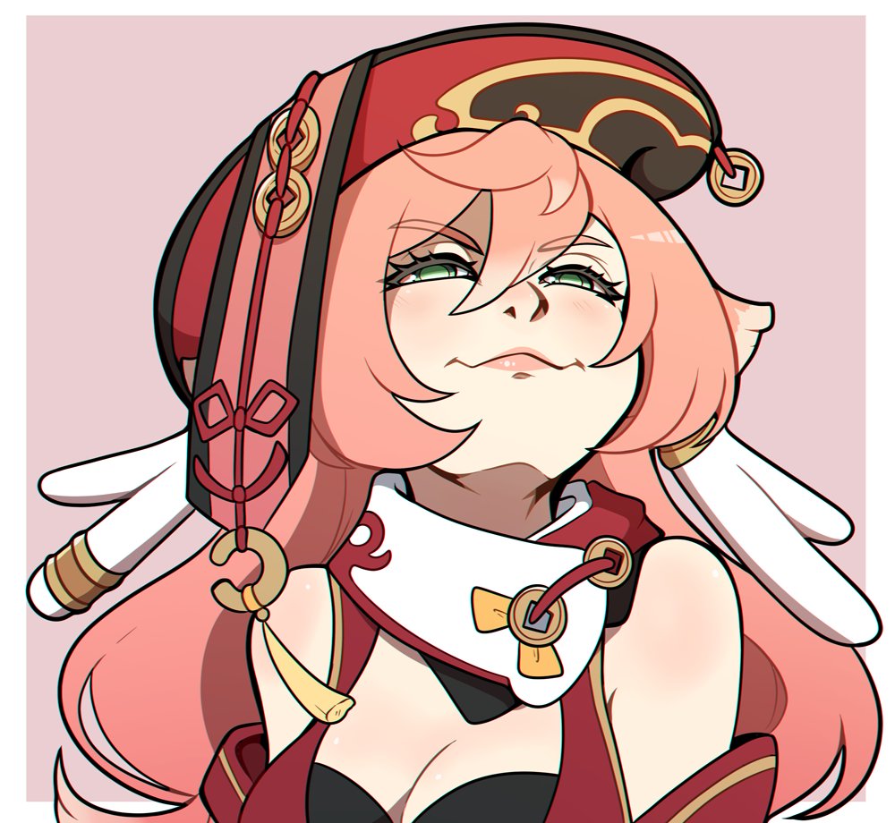 1girls, cute, female, female only, genshin impact, green eyes, headwear, kinkymation, light blush, long hair, looking at viewer, narrowed eyes, pink hair, portrait, smiling, smiling at viewer, smug, solo, yanfei (genshin impact)