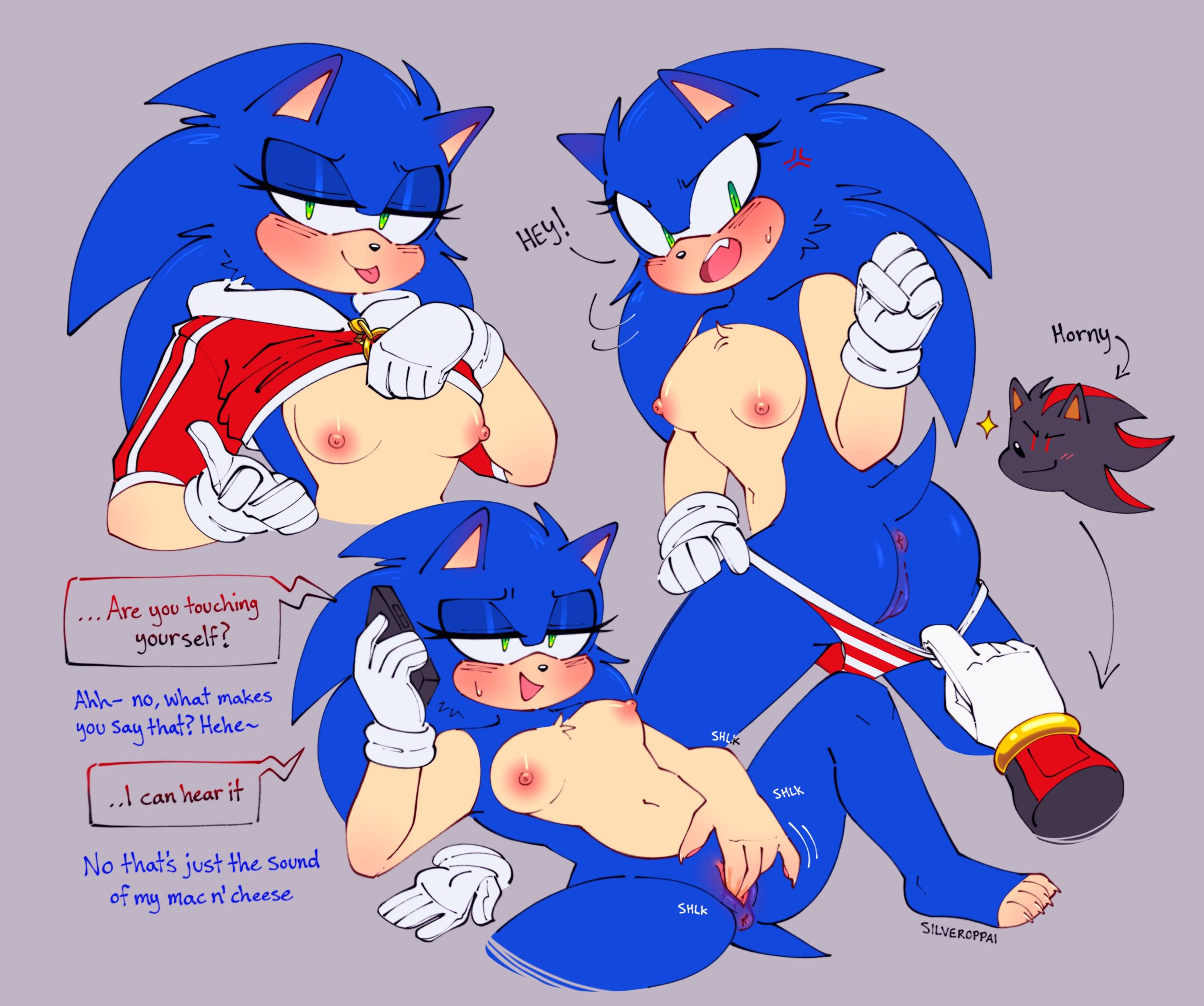 1girls, 1other, ambiguous gender, anger vein, areolae, blush lines, blushing, chest tuft, crop top, embarrassed, english, eyelashes, female, fingering, furry, genderswap, genderswap (mtf), gloves, green eyes, hetero, inhibitor ring, lifting shirt, masturbation, phone call, phone sex, pulling panties, rule 63, sega, shadow the hedgehog, silveroppai, sonic (series), sonic the hedgehog, sonic the hedgehog (series), sonique the hedgehog, straight, tagme, tail, text, tomboy, tongue, tongue out