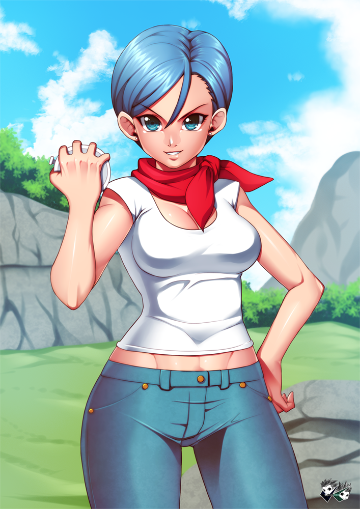 1girls abs bandana belly blue_eyes blue_hair blue_jeans breasts bulging bulma_briefs cloth clothed clothed_female clothes clothing day daytime dragon_ball dragon_ball_super dragon_radar female female_focus female_only hair hand_on_hip holding holding_object human jadenkaiba jeans large_ass large_breasts midriff milf muscular muscular_female raised_eyebrows scarf shiny shiny_hair shiny_skin short_hair short_shirt smile smiling smirk smirking solo solo_focus stomach thigh_gap tight_clothing watermark wide_hips