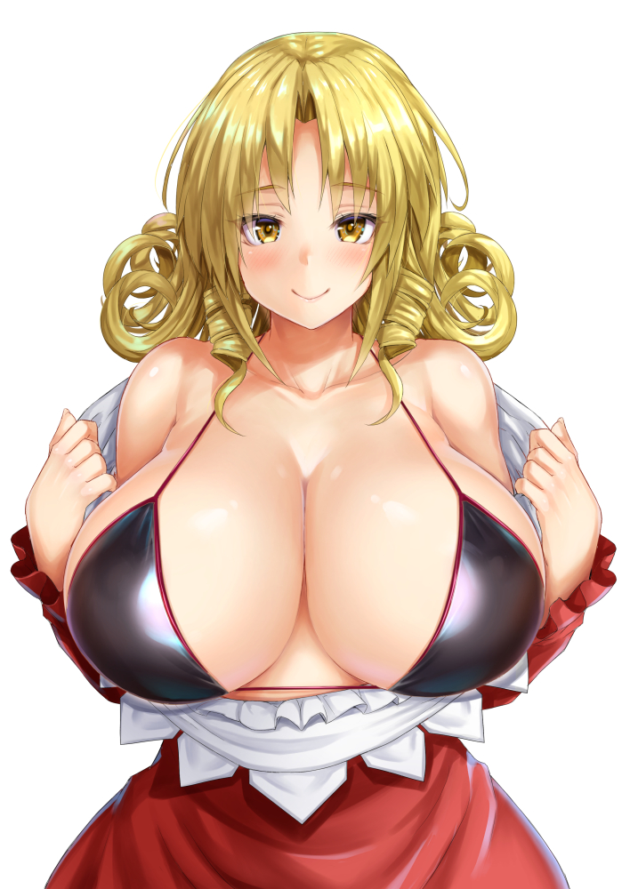 bare_shoulders bikini blonde_hair blush breasts cleavage closed_mouth collarbone commentary_request curly_hair drill_hair ebi_193 elly_(touhou) female frills huge_breasts long_hair long_sleeves looking_at_viewer mature_female open_clothes open_shirt shiny_clothes shirt simple_background skirt smile solo string_bikini swimsuit touhou touhou_(pc-98) twin_drills undressing upper_body white_background yellow_eyes