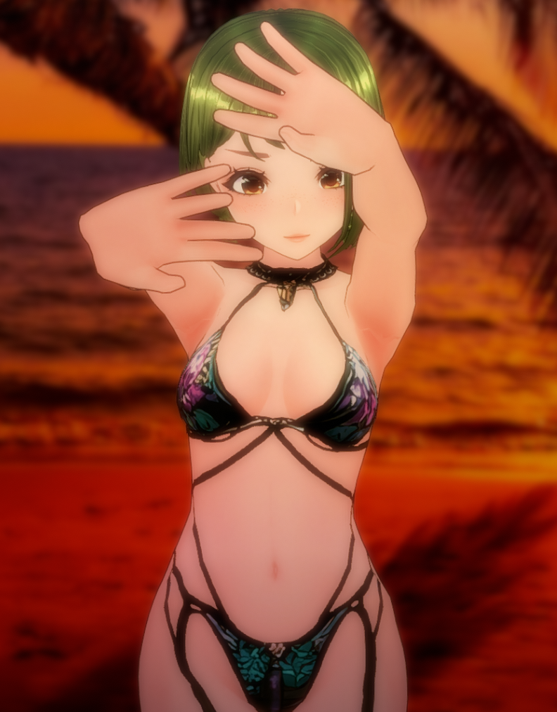 1girls 3d beach black_swimsuit brown_eyes collar colombian ear_piercing earrings female female_focus flat_chest freckles green_hair green_nails hispanic hispanic_virtual_youtuber indie_virtual_youtuber latam_virtual_youtuber light-skinned_female light_skin official_art ryumi ryumivt sand sea short_hair small_breasts solo solo_female solo_focus sunset swimsuit thread twitch twitch.tv two_piece_swimsuit virtual_youtuber vtuber yellow_eyes youtube youtube_hispanic