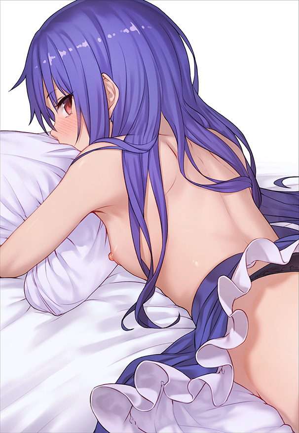 1girls ass bare_arms bed bed_sheet black_panties blue_hair blue_skirt blush breasts commentary_request cowboy_shot cushion female flat_chest flat_chested frills from_behind hinanawi_tenshi hugging_object ibuki_notsu long_hair looking_at_viewer looking_back lying nipples on_bed on_stomach panties red_eyes simple_background skirt small_breasts solo tagme tenshi_hinanawi thighs topless touhou underwear upper_body