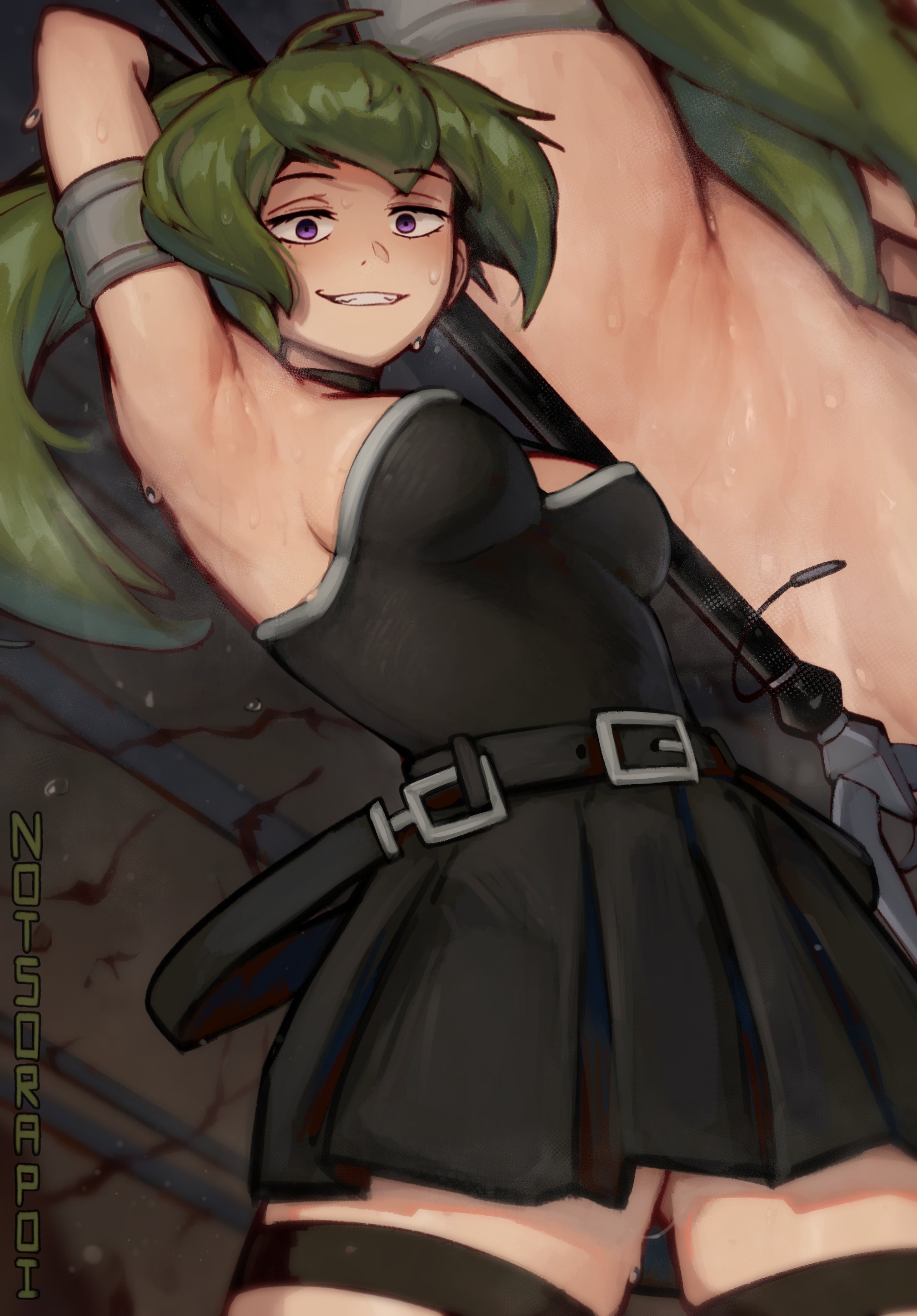 1girls, arm up, armpit, armpit crease, armpit fetish, armpits, arms up, big breasts, breasts, clothed, clothing, female, female only, green hair, large breasts, light skin, light-skinned female, mostly clothed, notsorapoi, smile, smiling, sousou no frieren, sweat, sweating, sweaty, sweaty armpits, tagme, thick, thick thighs, thighs, ubel (sousou no frieren)