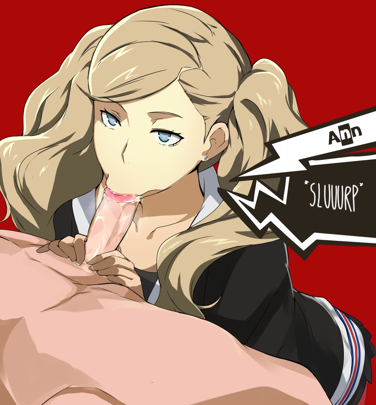 :>=, 1boy, bangs, black hoodie, black skirt, blonde hair, blue eyes, clothed female nude male, cum, cum in mouth, earrings, fellatio, female, highres, jewelry, long hair, long sleeves, male, miniskirt, nude, oral, pantyhose, penis, pleated skirt, red background, red legwear, skirt, solo focus, speech bubble, straight, stud earrings, swept bangs, twintails