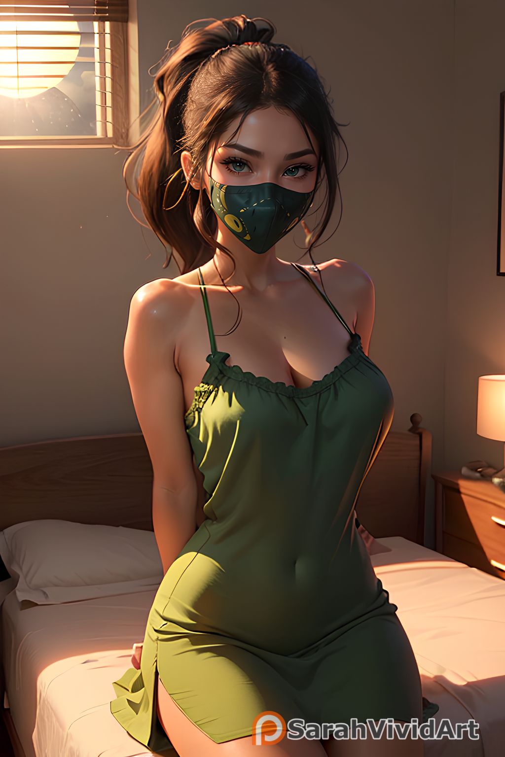 ai generated, akali, artist upload, bedroom, black hair, black mask, cleavage, detailed, female, green dress, high quality, league of legends, long hair, looking at viewer, mask, sarahvividart, seductive, self upload, sitting, solo