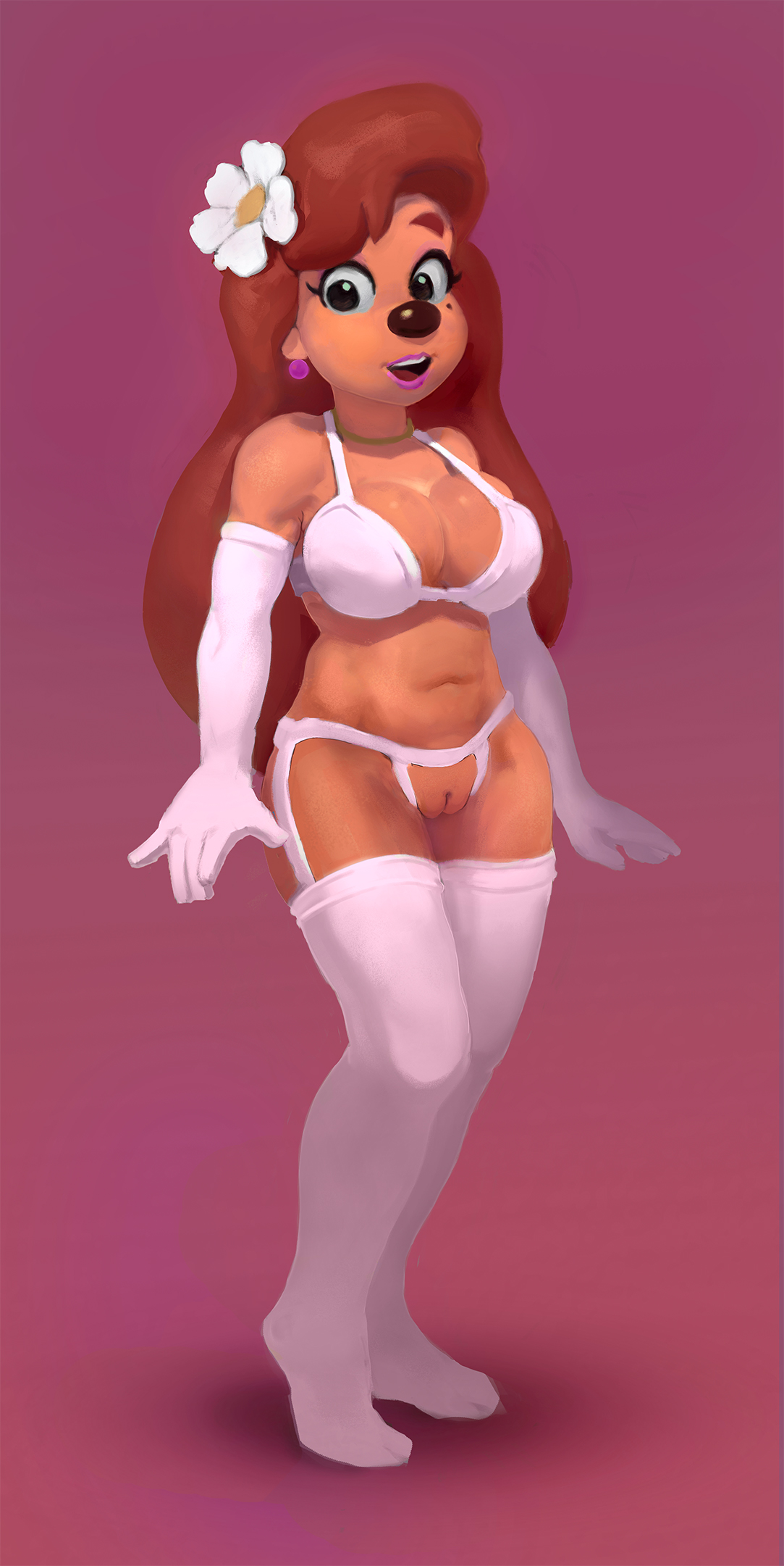 2019, armwear, beauty mark, bra, breasts, canid, canine, canis, cleavage, clothed, clothing, disney, domestic dog, ear piercing, ear ring, elbow gloves, female, flo (artist), flower, flower in hair, furry, garter straps, gloves, goof troop, highres, jewelry, large breasts, legwear, lingerie, lipstick, long hair, looking at viewer, makeup, mammal, midriff, navel, necklace, open mouth, open smile, piercing, plant, pussy, red hair, roxanne (goof troop), simple background, smile, solo, standing, thighhighs, underwear, wedding lingerie