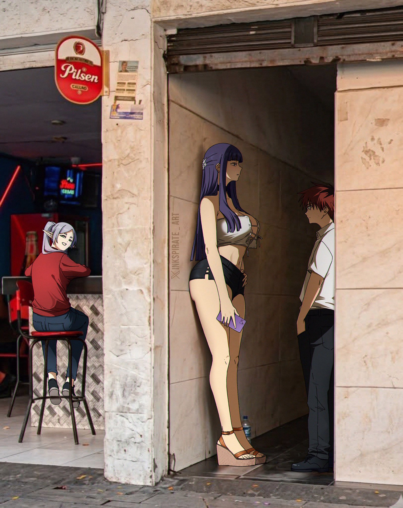 2d, 2d (artwork), alleyway milf (meme), colombia, difference, female, fern (sousou no frieren), frieren, frieren beyond journey's end, jackro, male, medellin, colombia, shorter male, size size, smaller male, sousou no frieren, stark (sousou no frieren), taller female, wedge heels