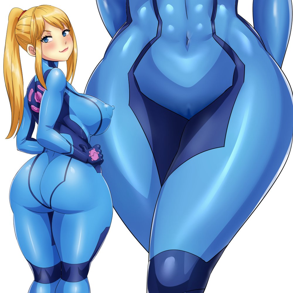 1girls :3 alternate_breast_size areolae ass backboob bangs big_ass big_breasts blonde_hair blue_eyes blush bodysuit breasts bubble_butt cameltoe dat_ass erect_nipples female female_only hourglass_figure huge_ass huge_breasts human large_breasts looking_at_viewer metroid navel nintendo nipple_bulge nipples pokies ponytail samus_aran sidelocks smug solo thelorope thick_thighs thighs tight_clothing white_background wide_hips zero_suit zero_suit_samus