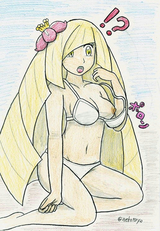 ! 1girls ? aether_foundation ass bikini blonde_hair breasts colored_pencil_(artwork) female female_only flower_in_hair human japanese_text long_hair lusamine_(pokemon) milf mother nekotuyo nintendo one_breast_out open_mouth pokemon pokemon_sm shock sitting sketch solo text wardrobe_malfunction watermark yellow_eyes