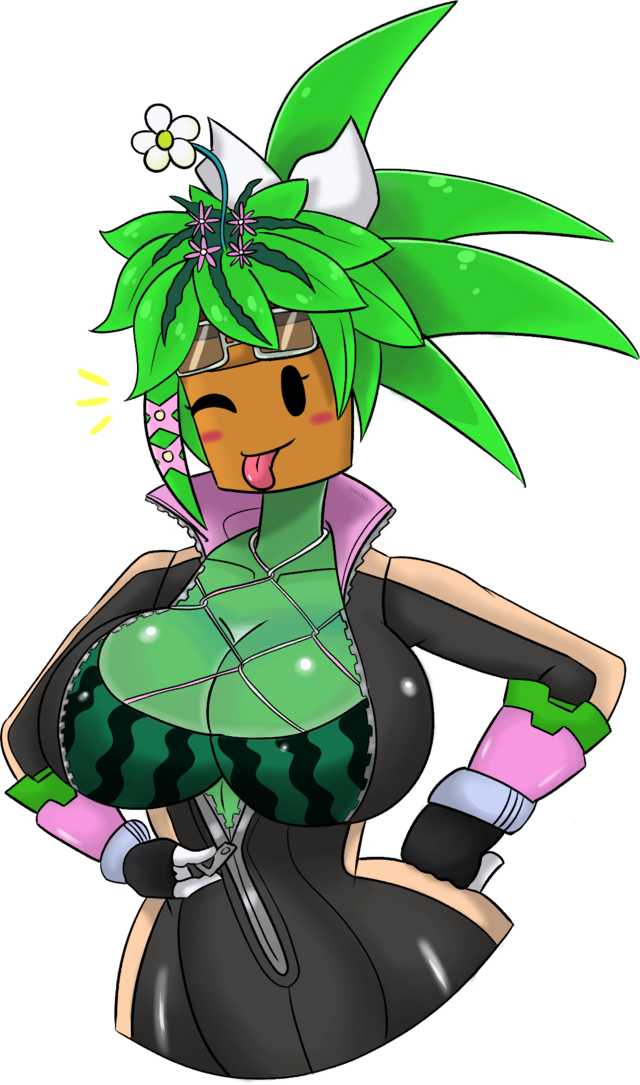 blaster master, blaster master zero, blaster master zero 2, blush, bodysuit, color, female, green skin, hand on hip, happy, kanna (blaster master), mob face, plant girl, plantie, playful, simple background, smile, solo, teasing, tongue, tongue out, unzipped bodysuit, unzipping, watermelon bra, watermelon nets, white background, wink