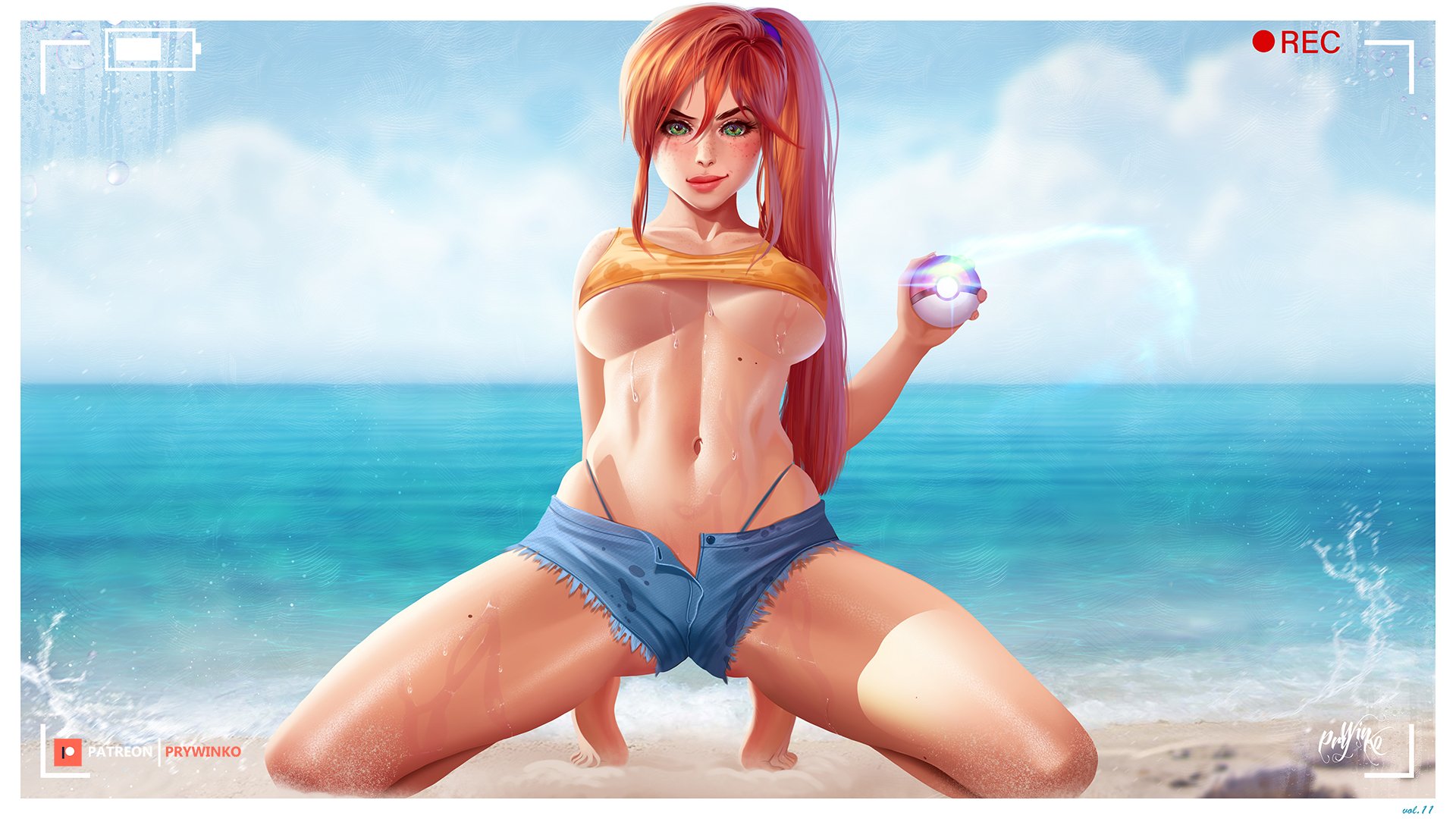 1girls, abs, alternate breast size, alternate hairstyle, barefoot, beach, belly, big breasts, blue background, breasts, camera, cleavage, clothed, clouds, day, denim, denim shorts, eye contact, eyelashes, feet, female, female only, freckles, green eyes, holding, hud, human, human only, kasumi (pokemon), lipstick, long hair, looking at viewer, midriff, navel, nintendo, ocean, outdoors, panties, poke ball, pokemon, pokemon rgby, ponytail, prywinko, recording, sand, shirt, shorts, sky, smile, solo, spread legs, tank top, text, toes, underboob, water, watermark, white border
