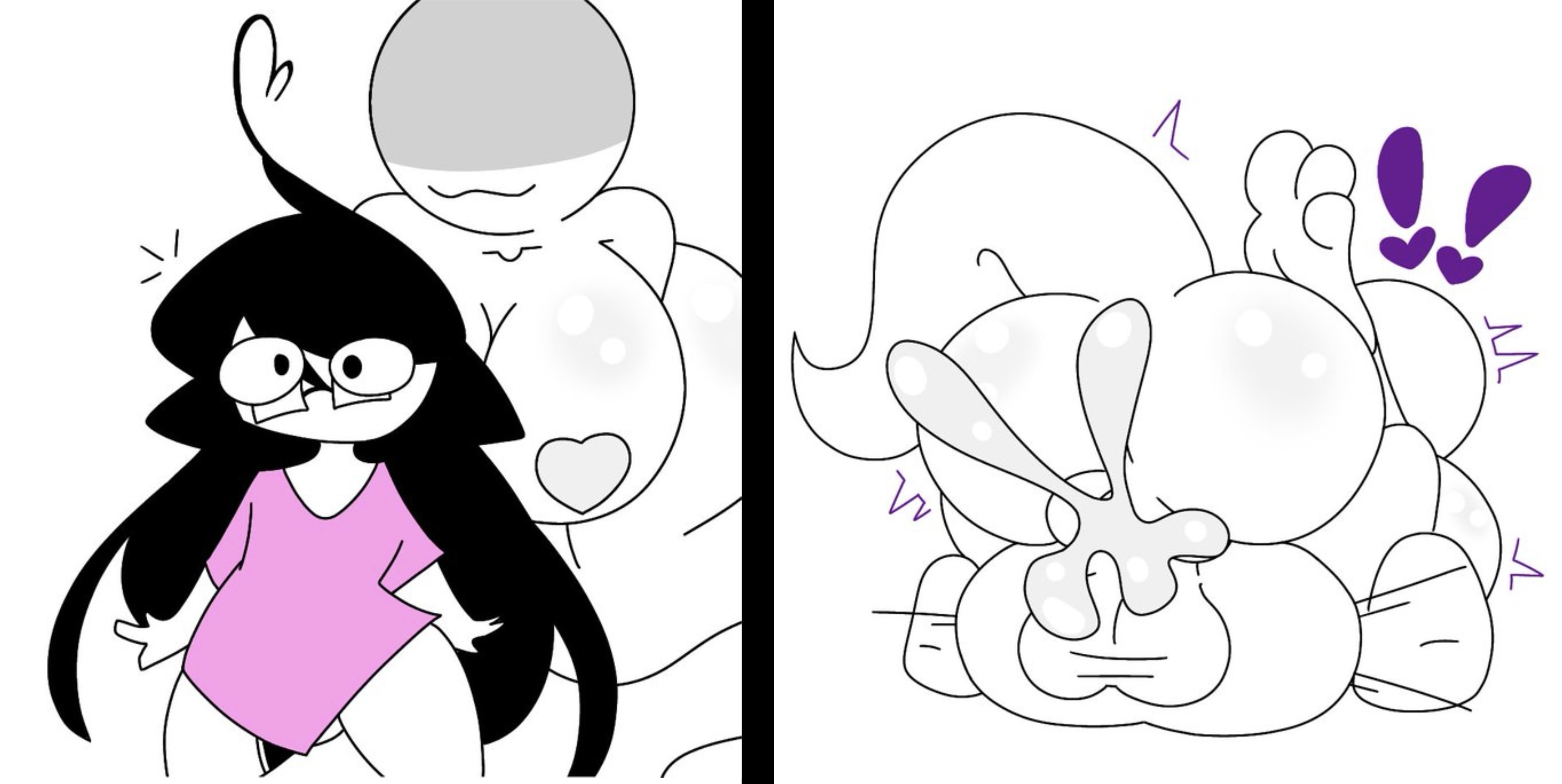 !!, amazon position, amazonian mating press, anon, anonymous female, ass, big ass, black hair, cum, cum in pussy, cum inside, female, ghost girl, glasses, instant loss 2koma, itisspermo, jay yuumi, long hair, male, male/female, milf, pink shirt, pussy, tail, vaginal penetration, white body