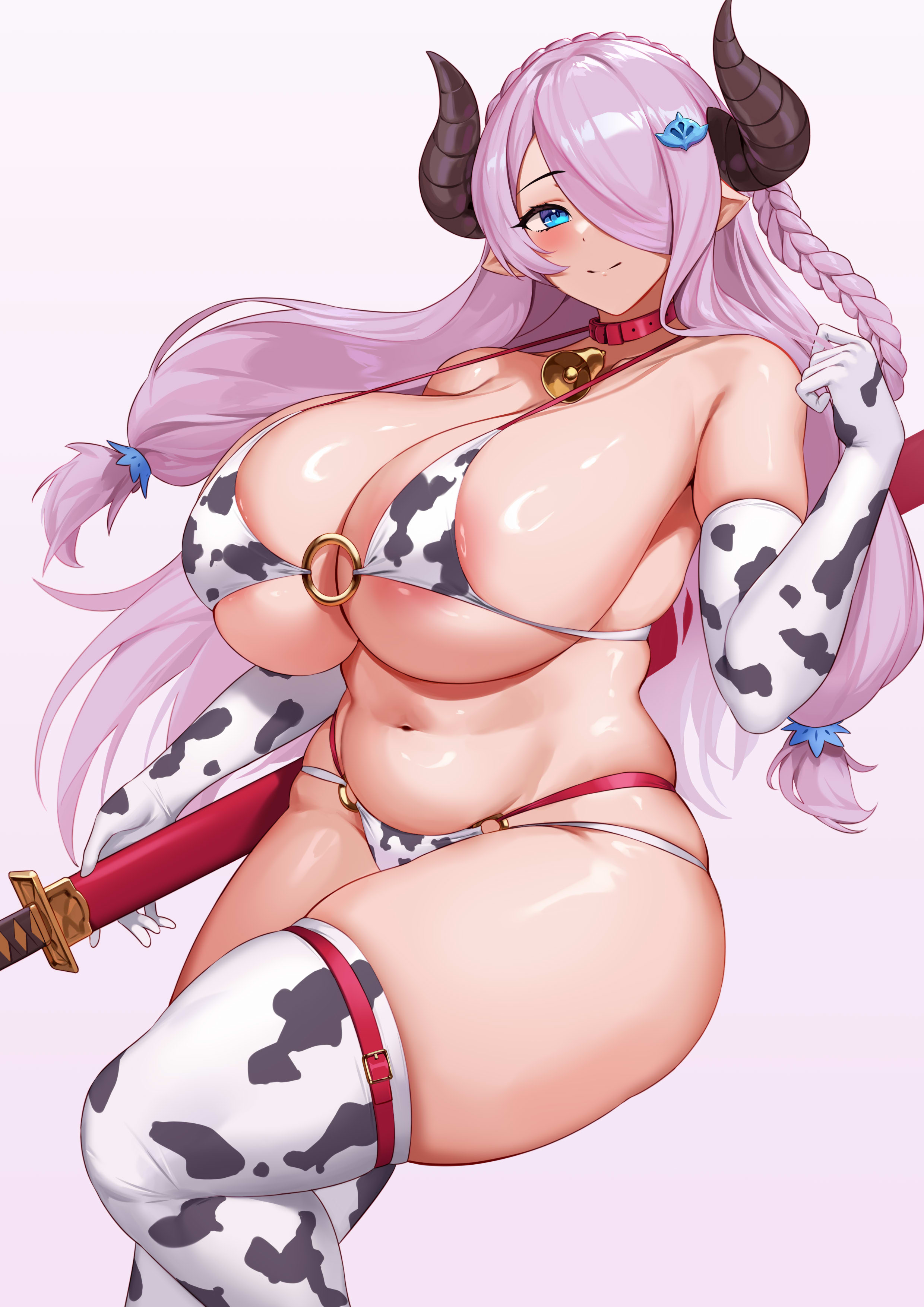1girls, blue eyes, breasts, cow print, cow print bikini, female, granblue fantasy, hi res, hips, jingb dx, large breasts, long hair, narmaya (granblue fantasy), pink hair, thick thighs, thighs, wide hips