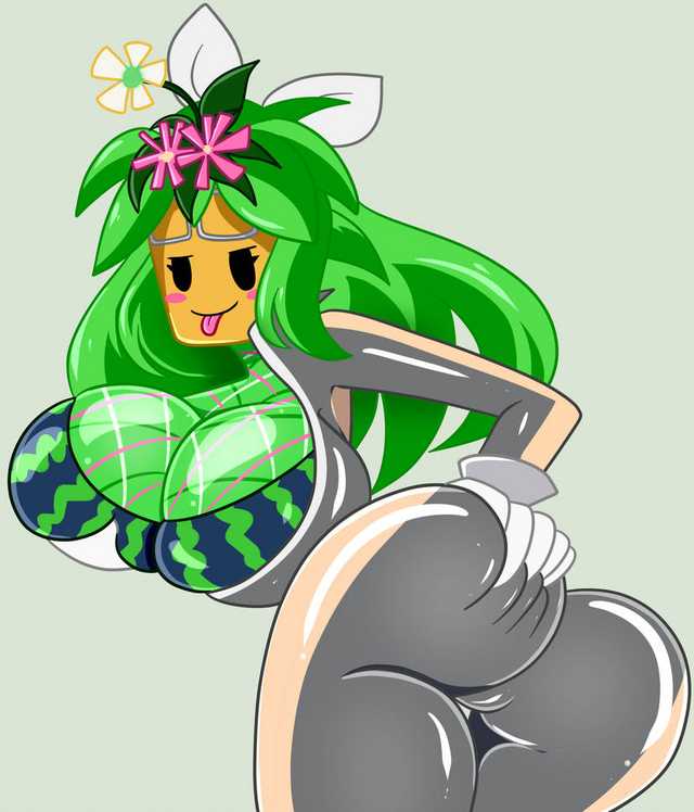 ass, big ass, big breasts, blaster master, blaster master zero, blaster master zero 2, bodysuit, breasts, female, green skin, hand on ass, kanna (blaster master), mob face, plantie, teasing, tongue, tongue out, unzipped bodysuit, watermelon bra, watermelon nets