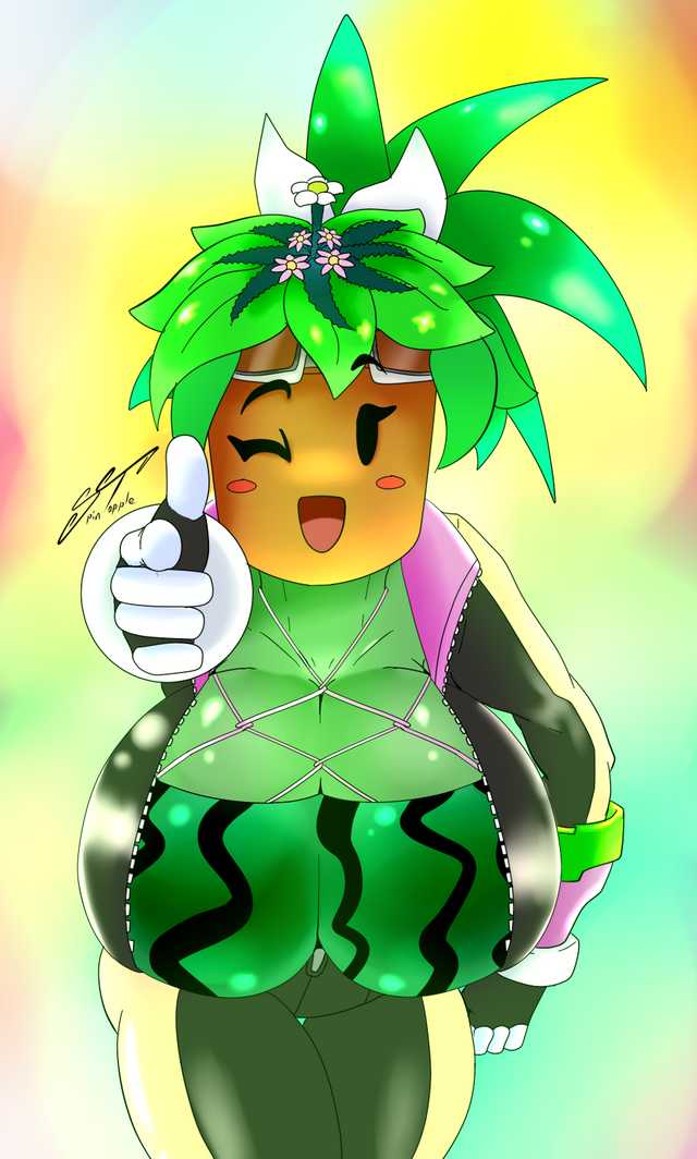 blaster_master blaster_master_zero blaster_master_zero_2 blush blush_stickers bodysuit finger_gun green_skin happy kanna_(blaster_master) mob_face plantie pointing_at_viewer spintopple tagme unzipped_bodysuit watermelon_bra watermelon_nets wink