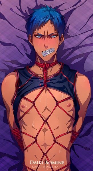 abs angry angry_expression aomine_daiki blue_eyes blue_hair blush bondage chest dominated forced kinbaku kuroko's_basketball kuroko_no_basuke male seductive sweat tan_skin taped_mouth