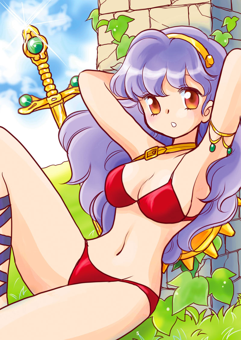 1girls armpits arms_behind_head athena_(series) big_breasts bikini breasts busty cleavage female female_only highres large_breasts legs long_hair looking_at_viewer mayumin navel orange_eyes parted_lips pose posing princess_athena purple_hair red_bikini sensual shield sitting snk solo swimsuit sword thighs weapon