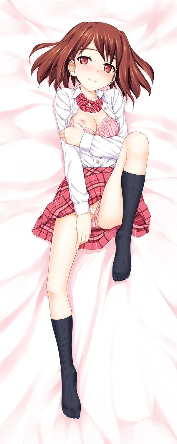 breasts brown_hair dakimakura highres koiito_kinenbi nipples okunaga_anna open_clothes open_shirt panties panty_pull red_eyes school_uniform small_breasts takayaki underwear