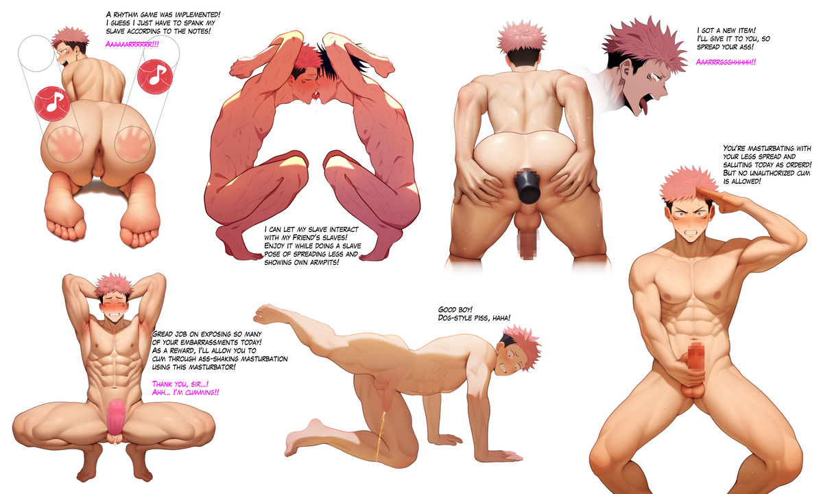 abs, anal object insertion, anal sex, ass, back, back view, bara, bare pectorals, blowjob, blush, censored, english text, gay, itadori yuuji, jujutsu kaisen, large pectorals, looking at viewer, male, male focus, male only, multiple views, muscular, muscular male, naked, nipples, open mouth, pecs, pectorals, peeing, pink hair, pink nipples, sex toy, slave, solo, solo focus, solo male, urine, yaoi