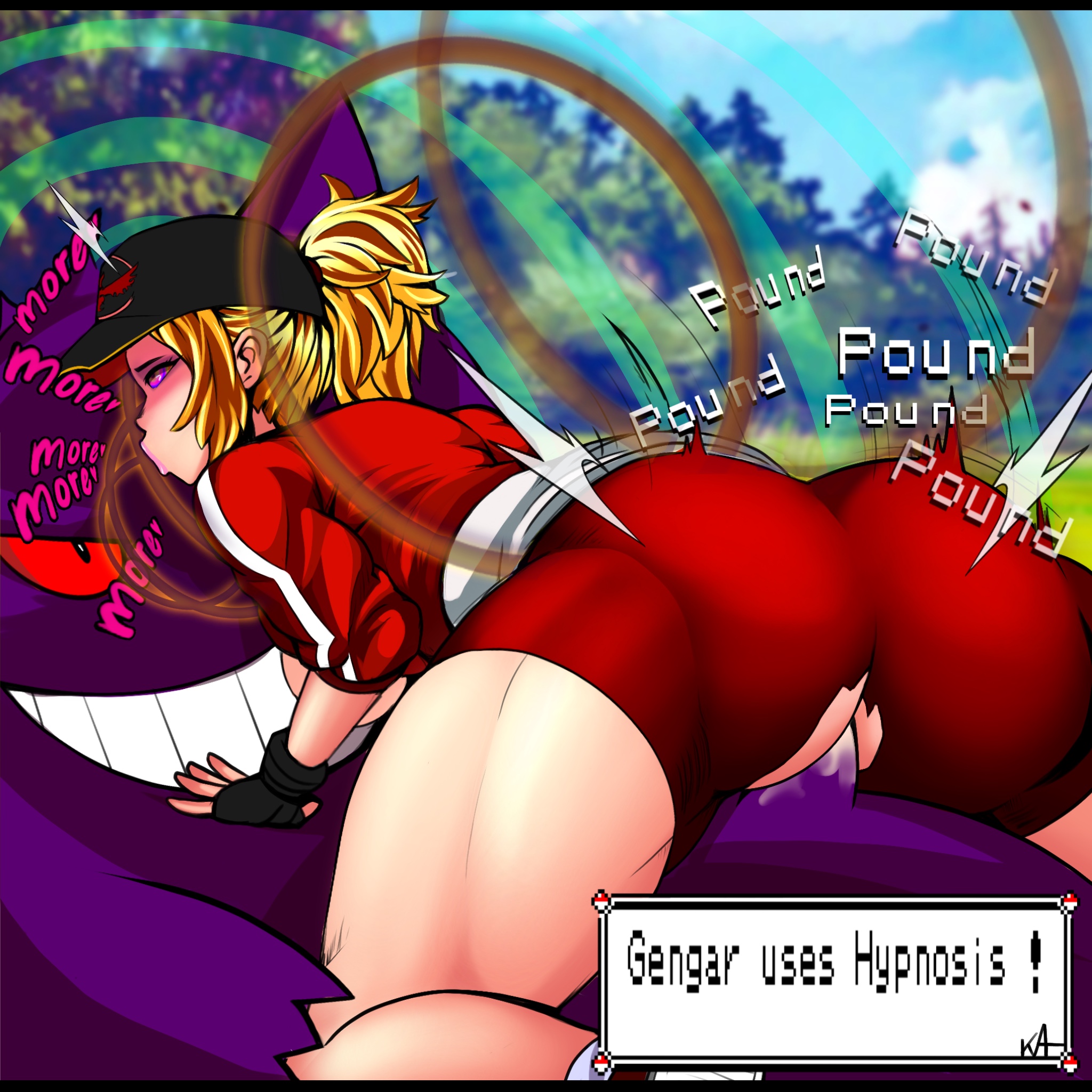 1boy, 1girls, ahe gao, ass, blonde hair, cap, clothed, english text, female, female protagonist (pokemon go), gameplay mechanics, gengar, ghost, hud, human, hypnosis, hypnosis (pokemon move), interspecies, large ass, lipstick, male, mind control, nude, penetration, penis, pink lipstick, pokemon, pokemon battle, pokemon go, pokemon move, pokemon rgby, pokephilia, pussy, sex, speech bubble, straight, strangehero, text, thick thighs, torn clothes, vaginal penetration, video games, wide hips