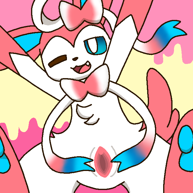 1girls 2024 blue_eyes bow cute_fang eeveelution female female_only generation_6_pokemon komatosse pezi pink_fur pokémon_(species) pokemon pokemon_xy presenting_pussy pussy ribbon self_upload sylveon white_fur