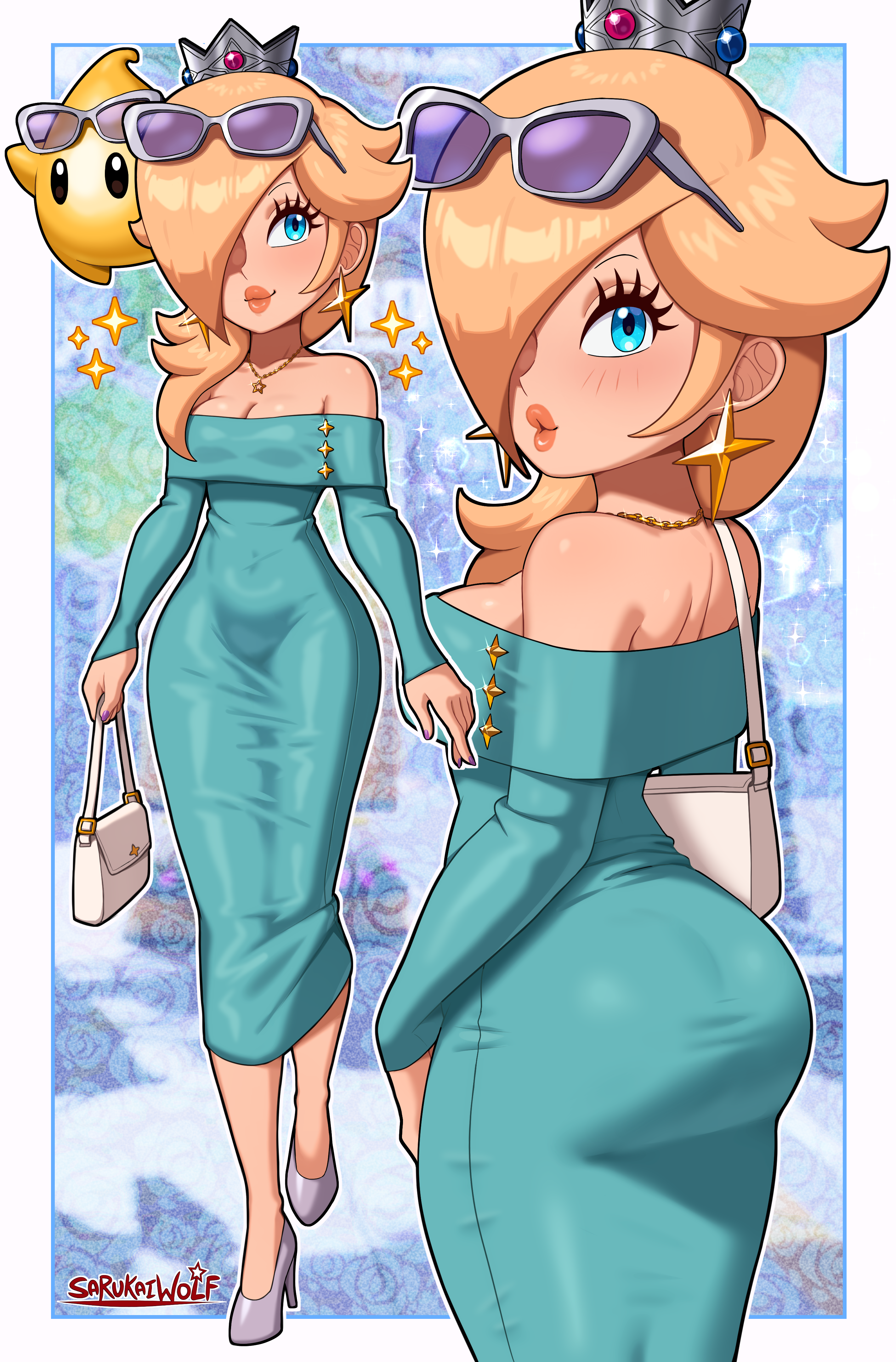 1girls, absurd res, absurdres, armwear, ass, ass shot, bare shoulders, big ass, big breasts, bimbo, blonde hair, blue dress, blue eyes, breasts, close-up, clothing, crown, dress, ear piercing, earrings, female, female focus, female only, footwear, full body, hair, hair over one eye, headwear, heels, high resolution, highres, hips, holding object, legs, lips, long dress, long hair, looking back, luma, mario (series), nail polish, nails, necklace, neckwear, nintendo, parted lips, princess rosalina, purple nail polish, purple nails, purse, sarukaiwolf, sparkles, star, star earrings, sunglasses, sunglasses on head, thick lips, thighs